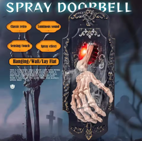 👻Halloween Motion Activated Skeleton Hand Door Bell with Red Light & Scary Sound