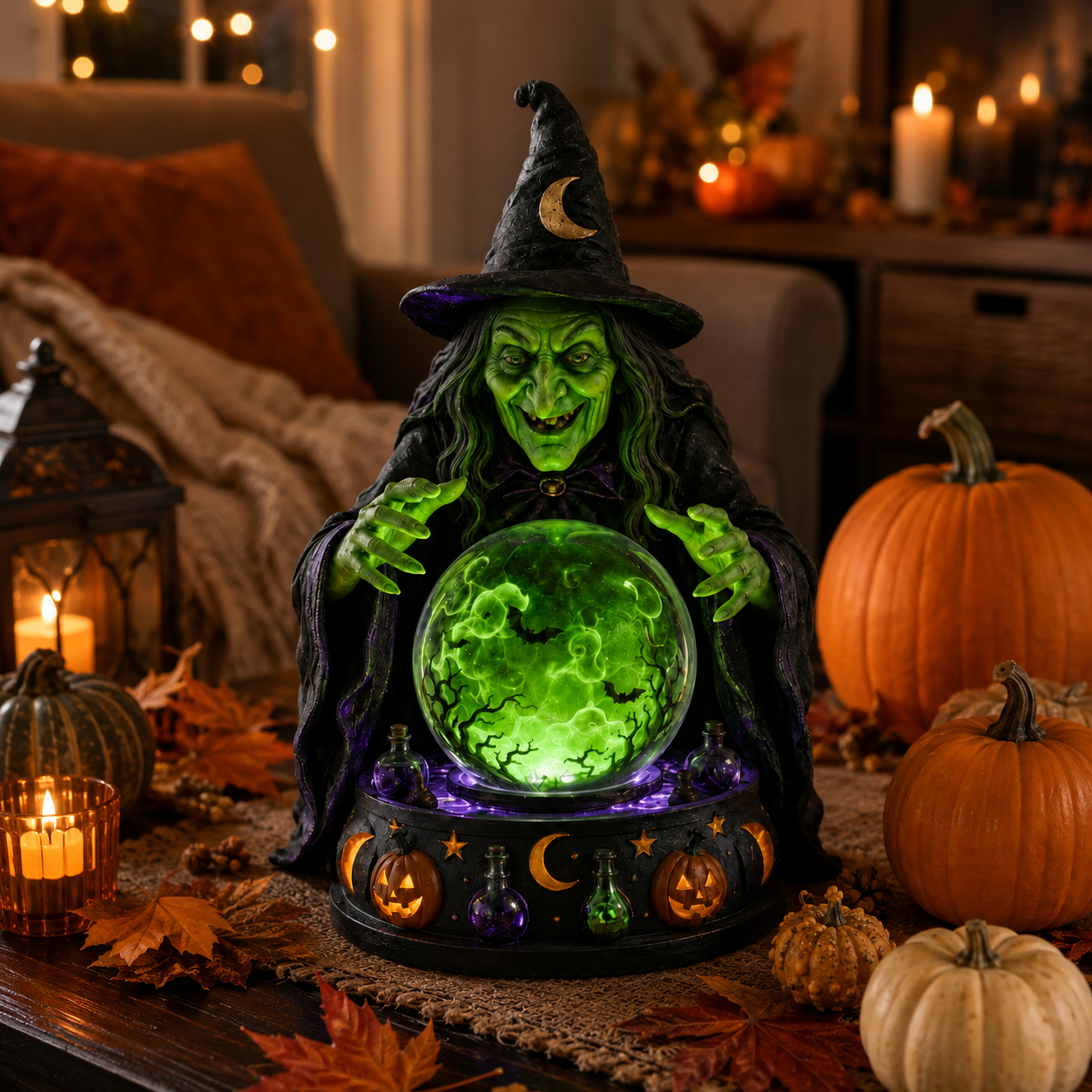 🔮🧙♀️Mystic Witch Crystal Ball Tabletop Lamp | Glowing Emerald LED Fortune Teller Statue with Spooky Sound, Swirling Bat Mist & Hand-Painted Resin Detail