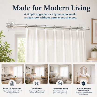 8PCS No-Drill Self-Adhesive Curtain Rod Brackets – Heavy Duty Wall Hooks for Curtain Rods, Damage-Free Installation