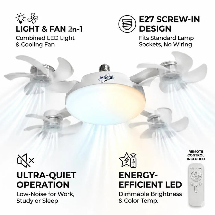 2026 Upgraded E9 Screw-In Ceiling Fan with LED Light | No Wiring Required