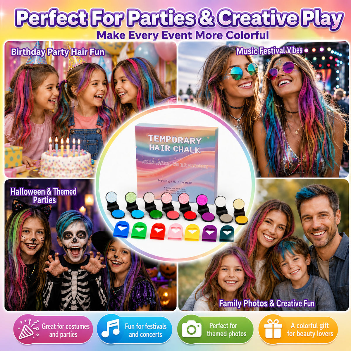 🌈 12-Color Washable Hair Chalk Styling Applicator Set | Vibrant Buildable Shades in Easy Clamp-On Applicators for Highlights, Streaks & Costume Looks ✨