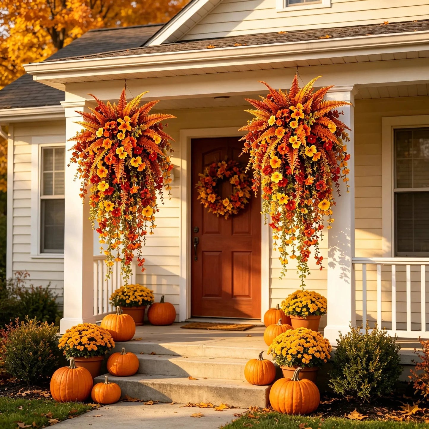 🎉🍂 ARTIFICIAL FALL HARVEST HANGING BASKET - AUTUMN PORCH & DOOR DECORATION