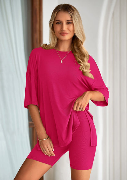 Women's Two Piece Lounge Set Summer Casual Oversized Shirts Biker Shorts Matching Airport Travel Outfit