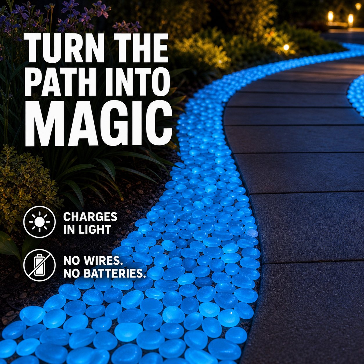 Deep Blue Glow-in-the-Dark Pebbles for Gardens, Paths & Decor