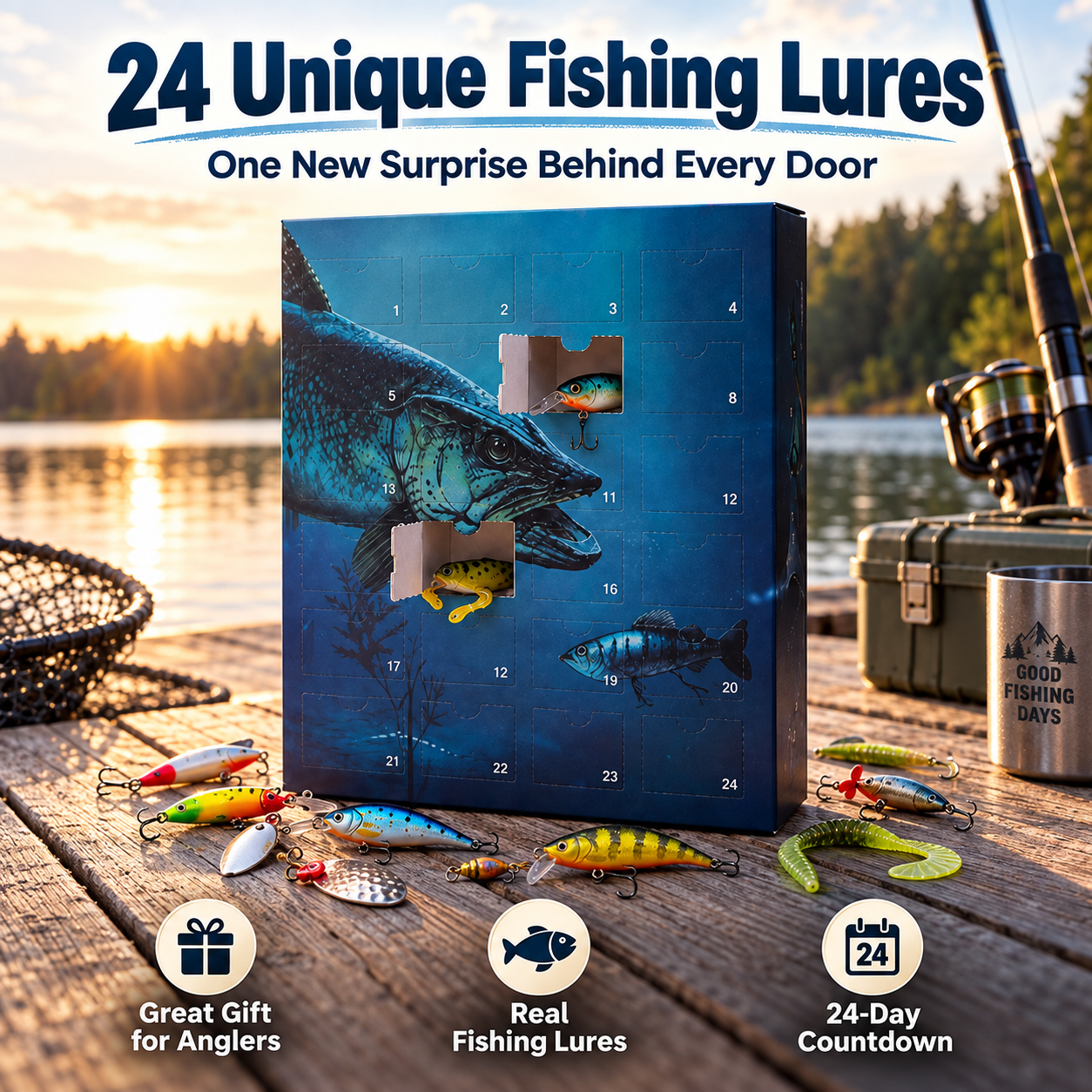 Fishing advent calendar with 24 unique fishing lures