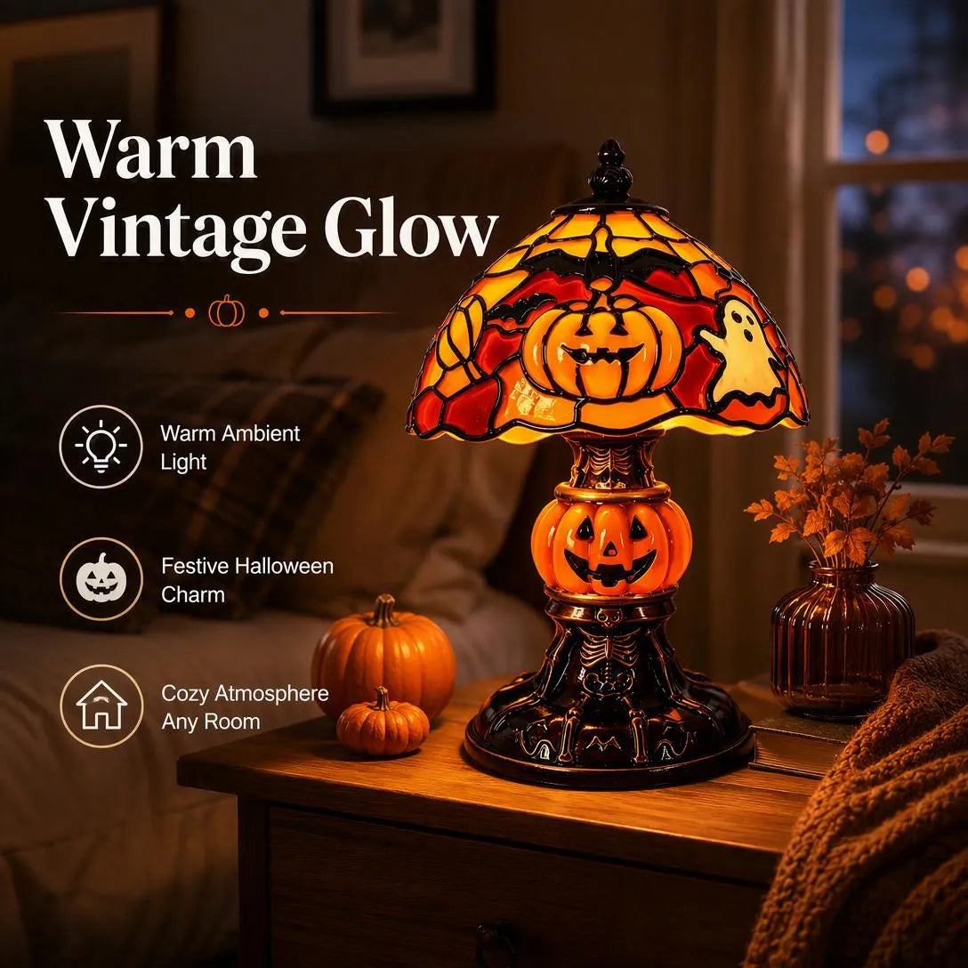 Vintage Pumpkin Bat Halloween Table Lamp