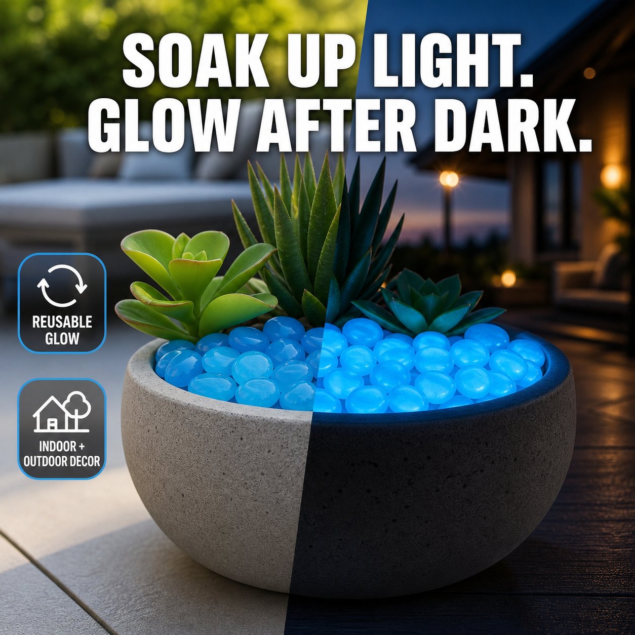 Deep Blue Glow-in-the-Dark Pebbles for Gardens, Paths & Decor