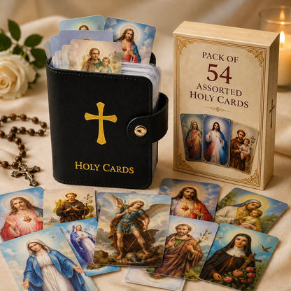 ❤️📓Catholic Genuine Leather Holy Card Holder & Pack of 54 Assorted Holy Cards