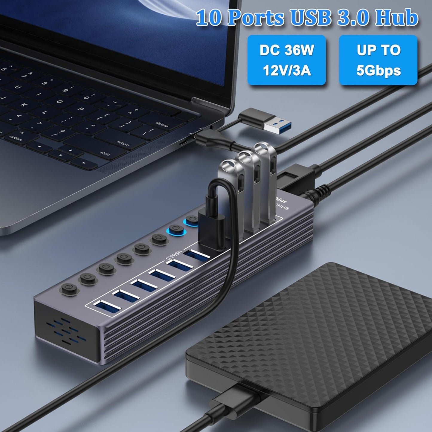 ⚡ Powered USB 3.0 Hub – Expand Your Setup, Control Every Port