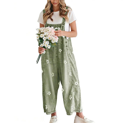 Women's Floral Printed Adjustable Strap Denim Bib Overall