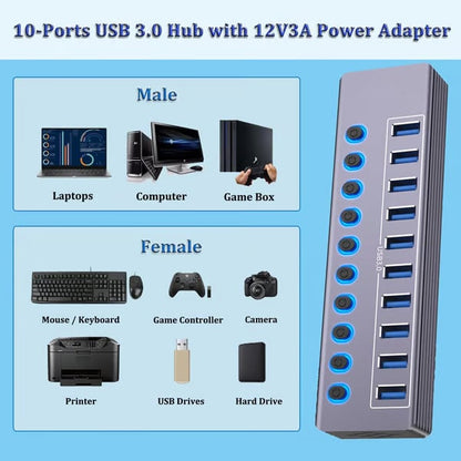⚡ Powered USB 3.0 Hub – Expand Your Setup, Control Every Port