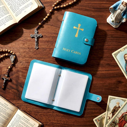 ❤️📓Catholic Genuine Leather Holy Card Holder & Pack of 54 Assorted Holy Cards