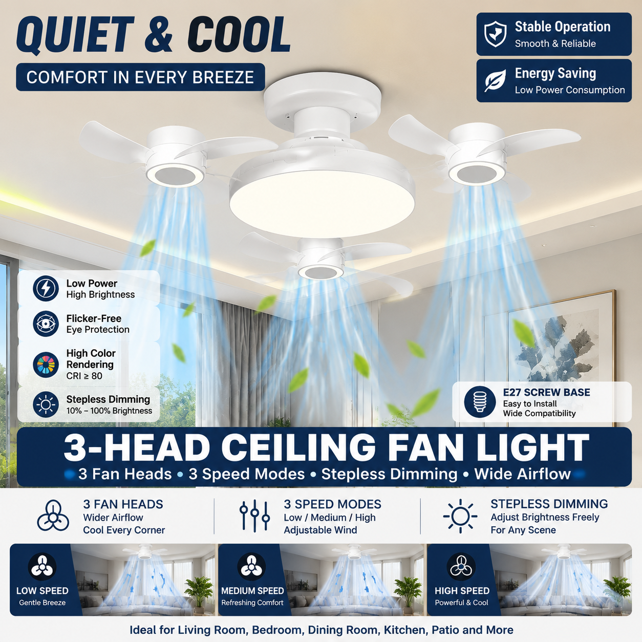 2026 Upgraded E9 Screw-In Ceiling Fan with LED Light | No Wiring Required