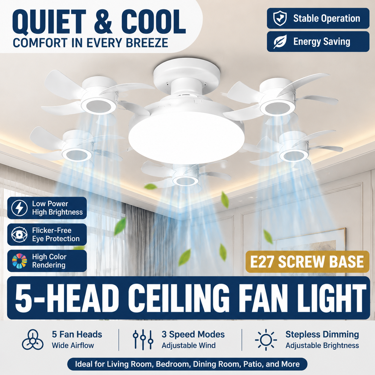 2026 Upgraded E9 Screw-In Ceiling Fan with LED Light | No Wiring Required