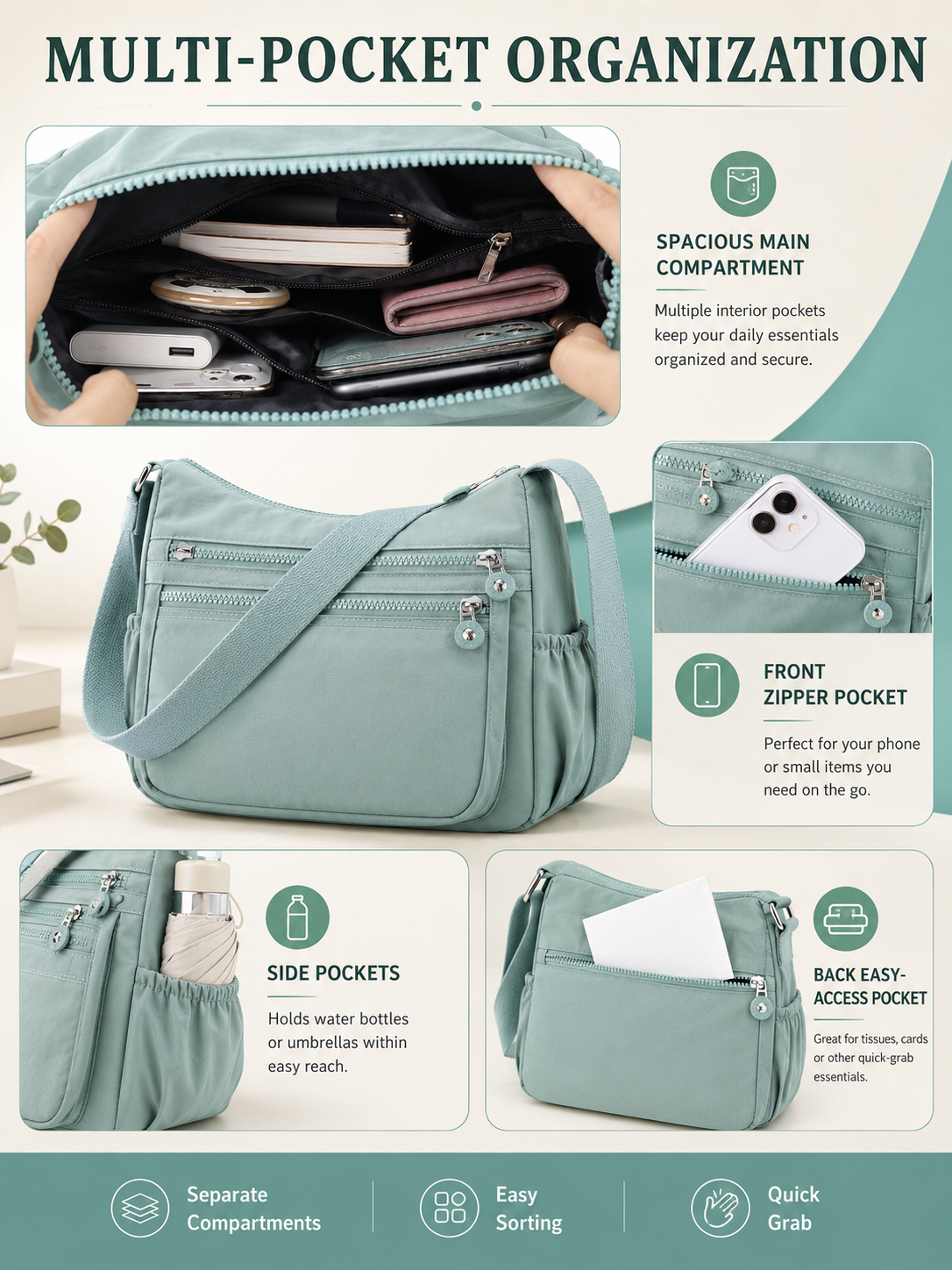 💖 Everyday Favorite Nylon Crossbody Bag with Multi-Pocket Storage