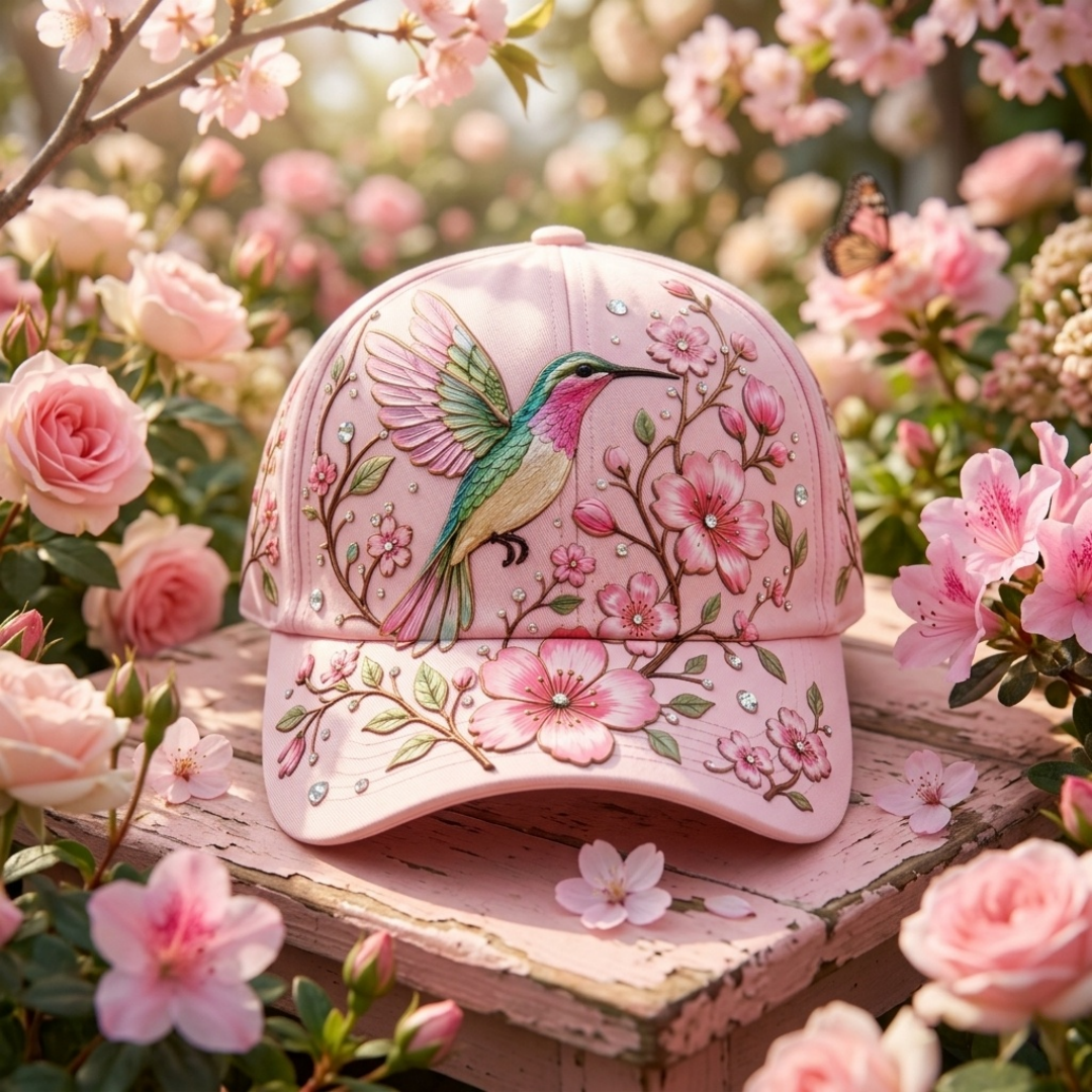 🌸 Hummingbird & Wildflower Embroidered Cap for Women