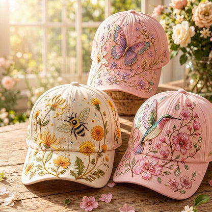 🌸 Hummingbird & Wildflower Embroidered Cap for Women