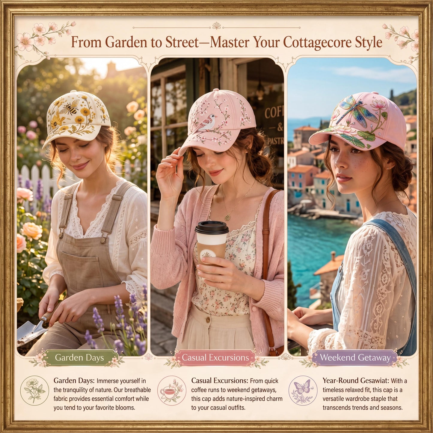 🌸 Hummingbird & Wildflower Embroidered Cap for Women