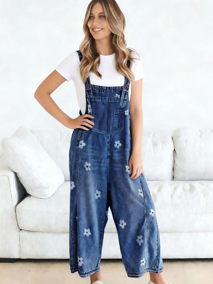 Women's Floral Printed Adjustable Strap Denim Bib Overall