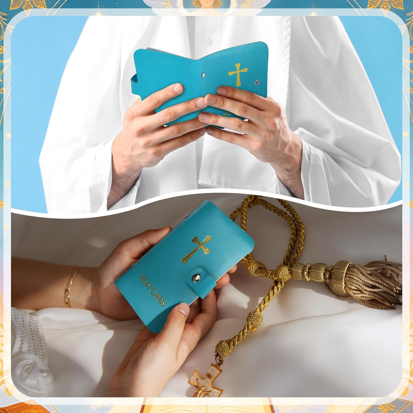 ❤️📓Catholic Genuine Leather Holy Card Holder & Pack of 54 Assorted Holy Cards
