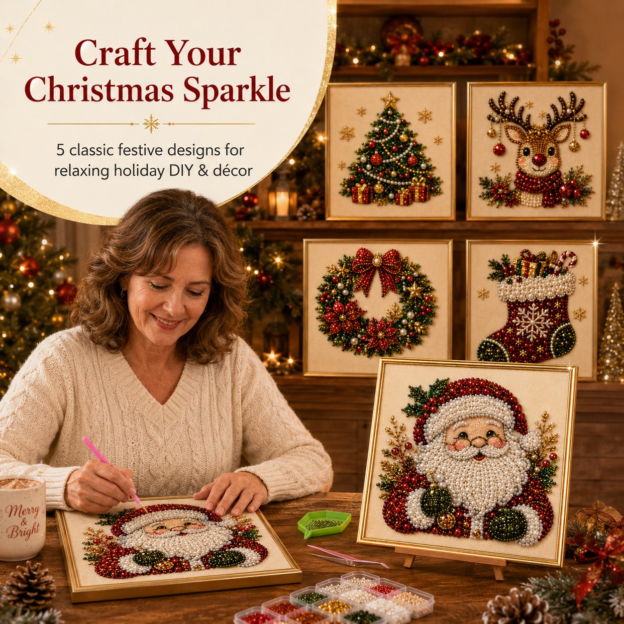 🧘Relaxing & Beginner-Friendly - 🎨💎DIY Christmas Bead Art Diamond Painting Set