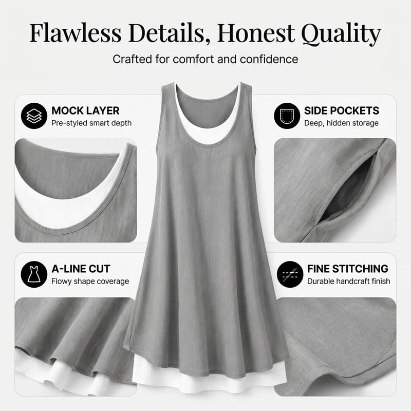 ⏰Last Day Sale 49% Off💃Women's Casual Loose Sleeveless Fake Two Piece Tank Dress