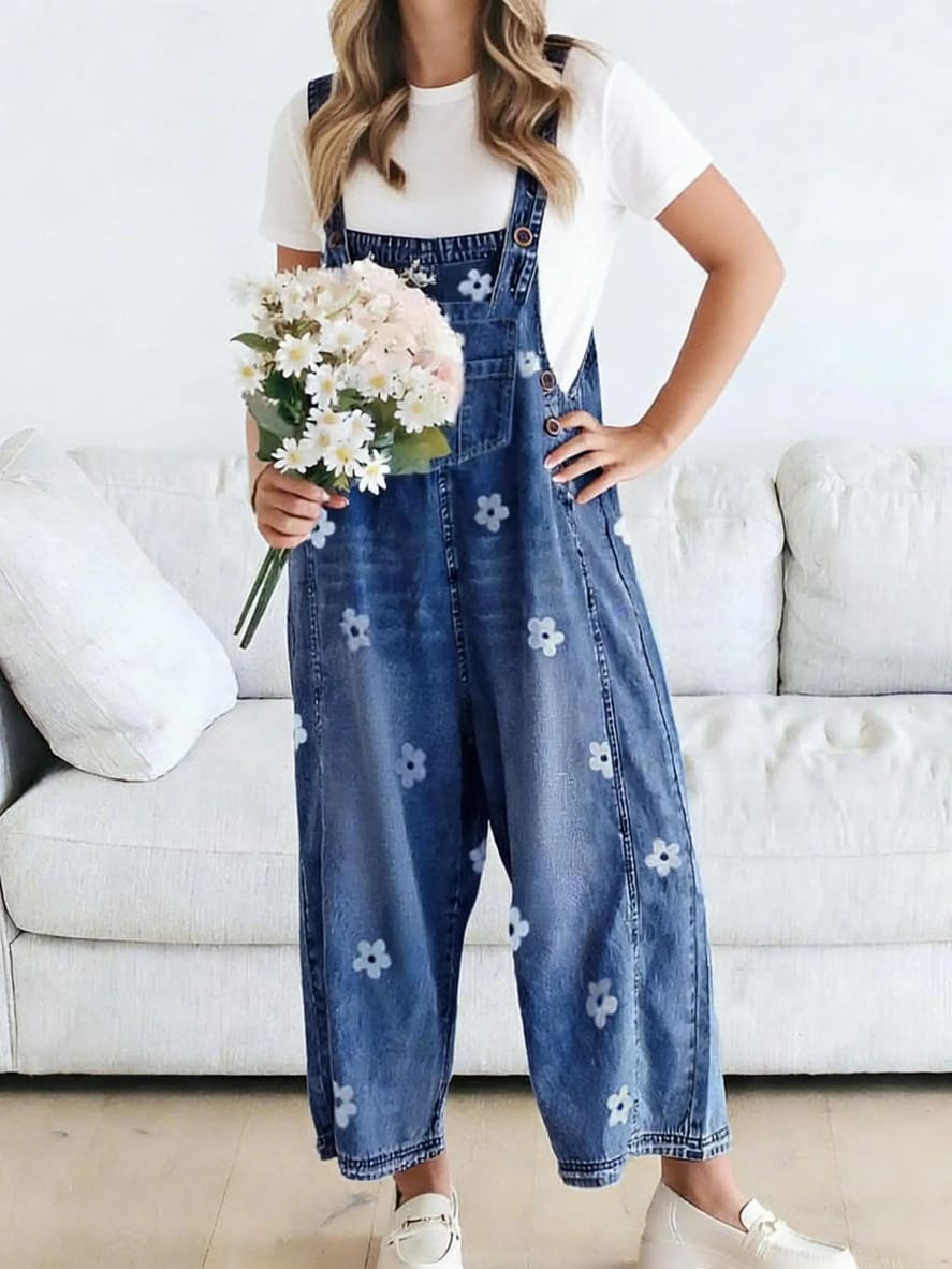 Women's Floral Printed Adjustable Strap Denim Bib Overall