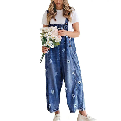 Women's Floral Printed Adjustable Strap Denim Bib Overall
