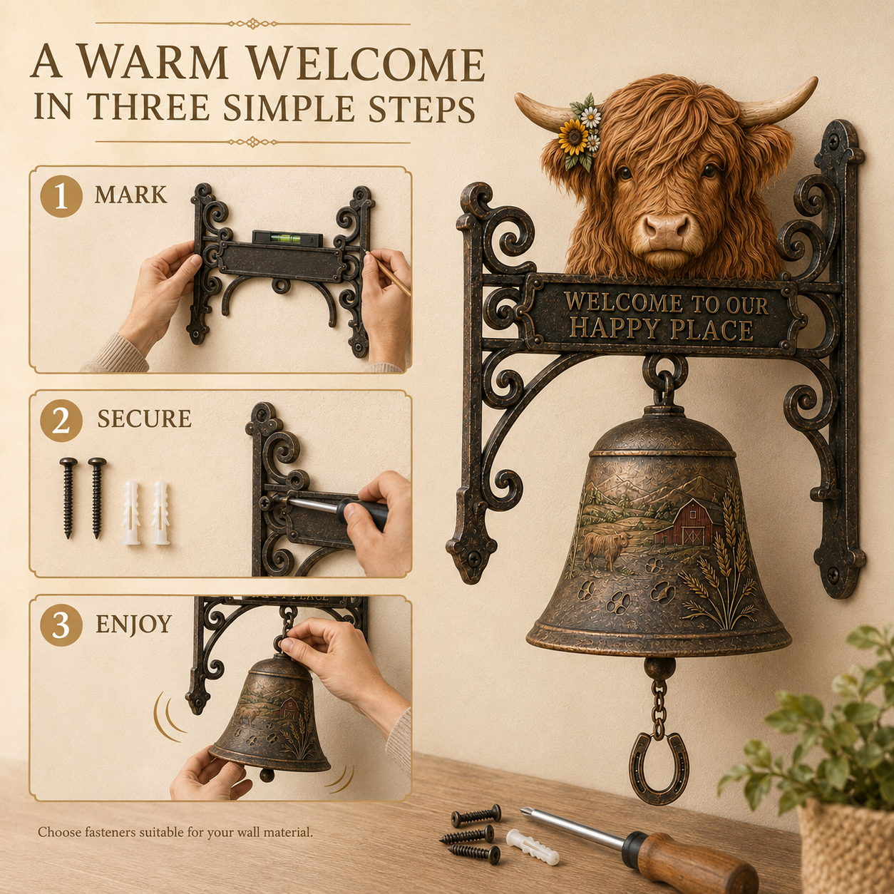🐂Highland Cow Farmhouse Welcome Bell🔔