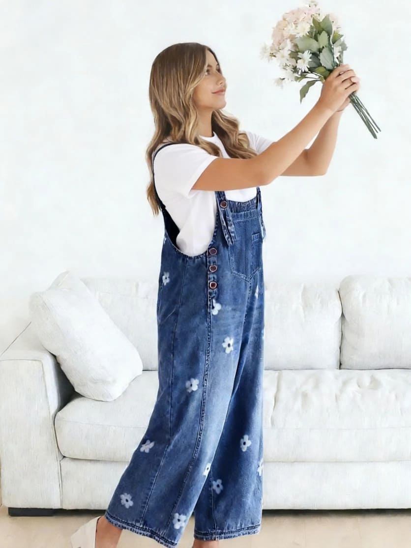 Women's Floral Printed Adjustable Strap Denim Bib Overall