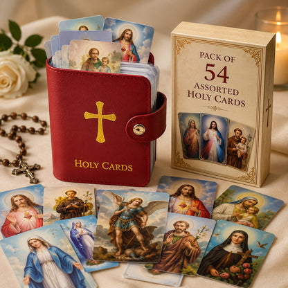 ❤️📓Catholic Genuine Leather Holy Card Holder & Pack of 54 Assorted Holy Cards