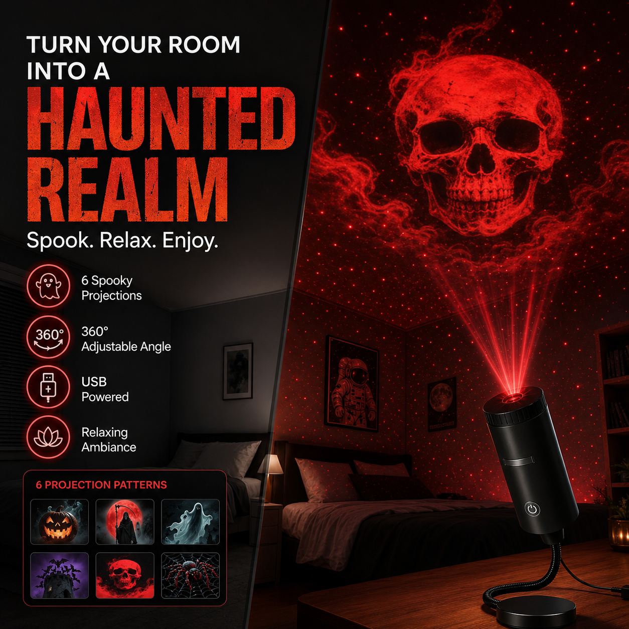 💀 💀💀Plug-&-Play HD Star Projector: Halloween 6-Disc Set